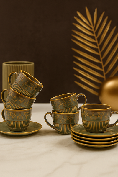 Kad�k�z� 12 par�a 6 ki�ilik Zeytuni Porselen Kahve Fincan Tak�m�