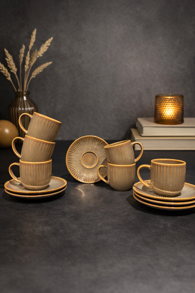 Kad�k�z� 12 par�a 6 ki�ilik Maya Kum Porselen Kahve Fincan Tak�m�