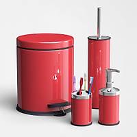 Kırmızı 3 Lt Çöp Kovası - Klozet Fırçası - Diş Fırçaslık - Sıvı Sabunluk Banyo Seti