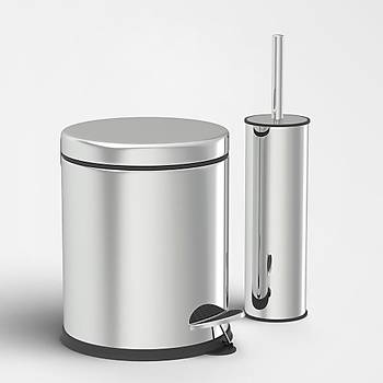 Set - Krom - Çöp Kovası 5 Lt + Tuvalet Fırçası