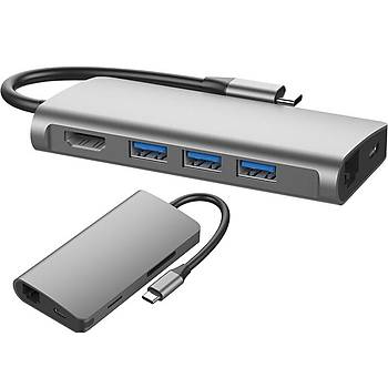 S-link Swapp SW-U5205 Gri Metal 7 in 1 3 port USB 3.0, PD þarj HDMI, Gigabit Eth, SD-TF Type C Hub