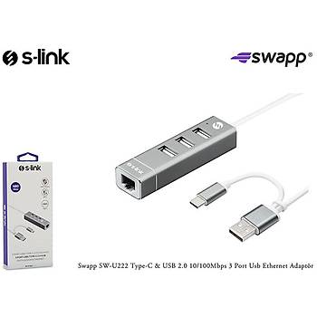 S-link Swapp SW-U222 Type-c Usb 2.0 10-100mbps 3 Port Usb Ethernet Adaptör
