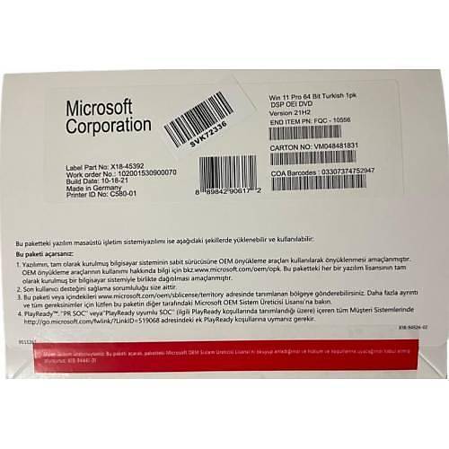 Microsoft Windows 11 Pro 64 Bit OEM DVD Kutu FQC-10556