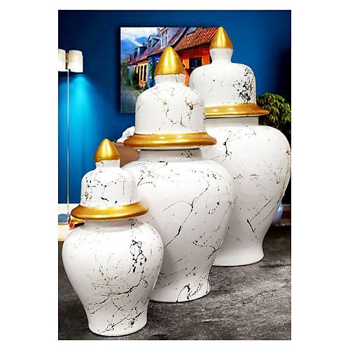 Myb Turkish Crafts  3'l Mermer Desenli Seramik Salon Konsol ah Kp Takmseti Beyaz Renk