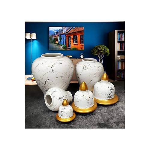 Myb Turkish Crafts  3'l Mermer Desenli Seramik Salon Konsol ah Kp Takmseti Beyaz Renk