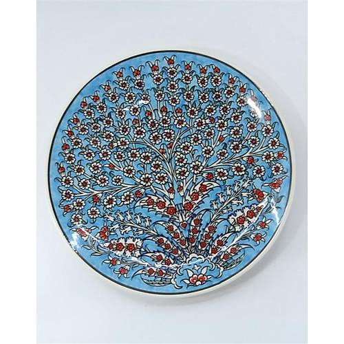 Açık Mavi Selçuklu Motifli Hayat Ağacı Desenli Çini Seramik Duvar Süsü 25 cm Tabak