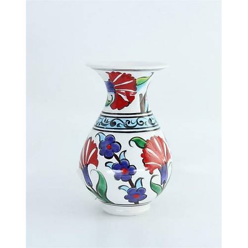 Geleneksel Çini Sanatı, Selçuklu Motifli, Seramik Vintage Dekoratif Geniş Vazo, 10 Cm