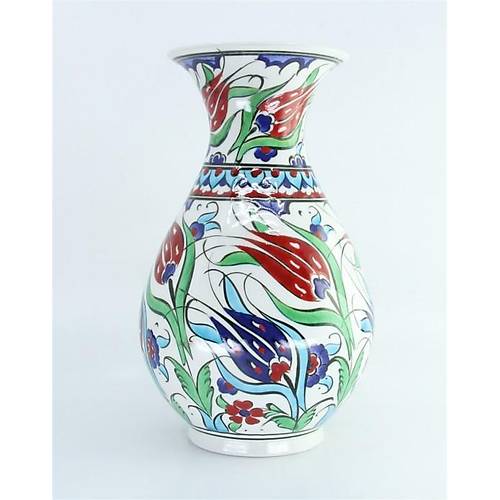 Geleneksel ini Sanat, Seluklu Motifli, Seramik Vintage Dekoratif Geni Vazo, 21 Cm