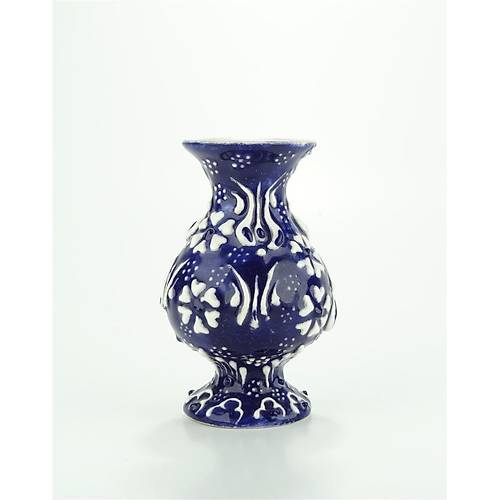 10 cm Koyu Mavi Seramik ini Dantel Desenli Vazo - 0001