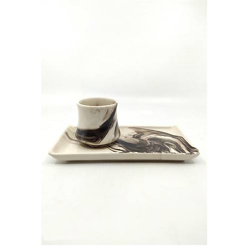 Siyah Ebruli Desenli Sunum Tabaklı Kahve Fincanı