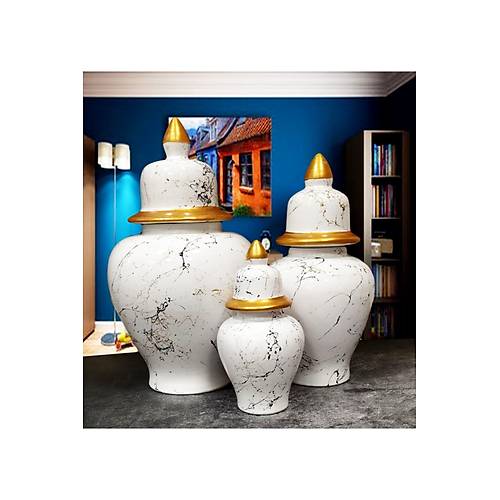 Myb Turkish Crafts  3'l Mermer Desenli Seramik Salon Konsol ah Kp Takmseti Beyaz Renk
