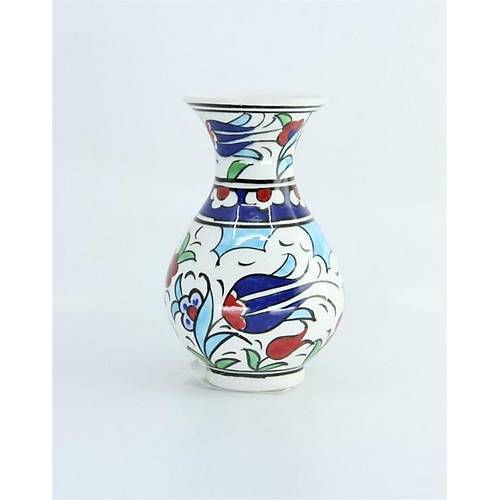 Geleneksel Çini Sanatı, Selçuklu Motifli, Seramik Vintage Dekoratif Geniş Vazo, 10 Cm