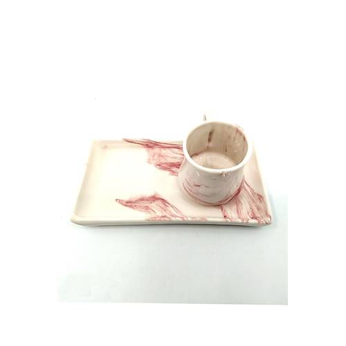 Krmz Ebruli Desenli Sunum Tabakl Kahve Fincan