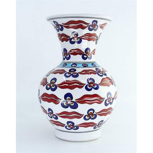 Geleneksel ini Sanat, Seluklu Motifli, Seramik Vintage Dekoratif Geni Vazo, 21 Cm