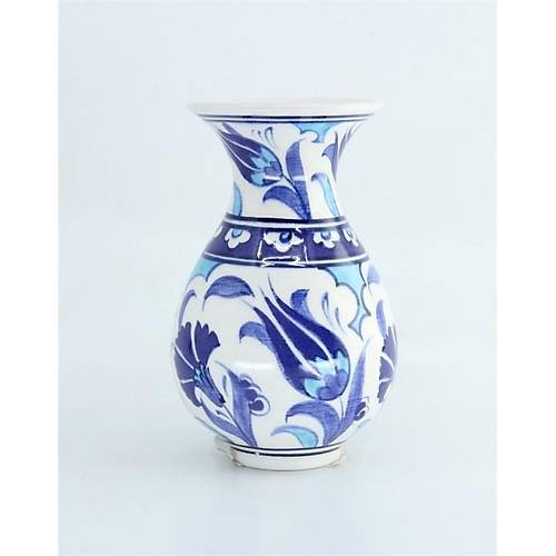 Geleneksel Çini Sanatı, Selçuklu Motifli, Seramik Vintage Dekoratif Geniş Vazo, 11 Cm