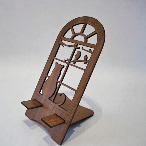 Ah�ap Telefon Stand� - Penceredeki Merakl� Kedi Model (8.5x17.5 cm)