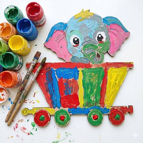 Boyanabilir Ah�ap Vagonlu Fil Fig�r� 13x13 cm