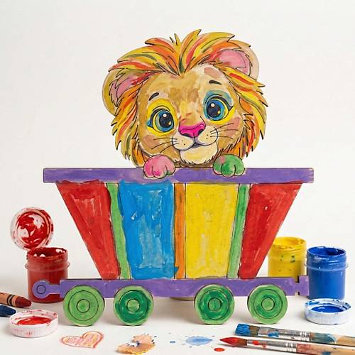 Boyanabilir Ah�ap Vagonlu Aslan Fig�r� 13x13 cm