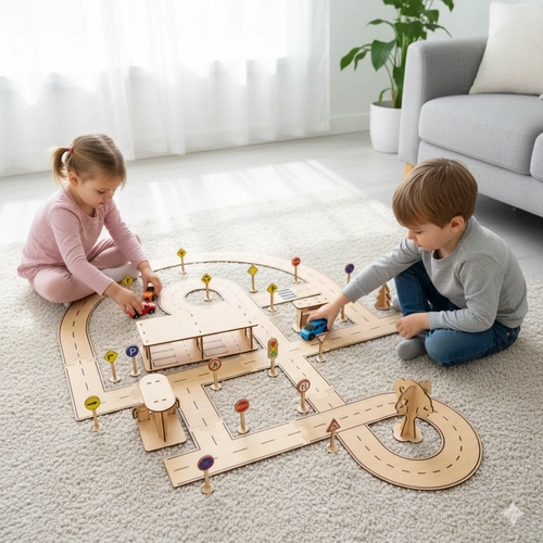 Ah�ap MDF Ara� Parkuru Trafik E�itim Seti 90x80 CM