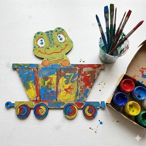 Boyanabilir Ah�ap Vagonlu Dinozor Fig�r� 13x13 cm