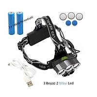 5 Led 6 Modlu Kafa Feneri 3 Beyaz 2 Mavi Yamur Geirmez Alminyum Alam 50W