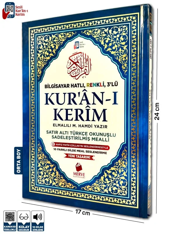 MERVE Orta Boy Satır Altı Türkçe Okunuşlu ve Türkçe Mealli Renkli Kuran-ı Kerim