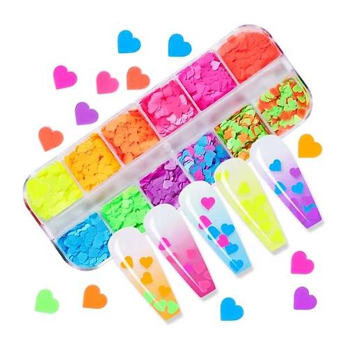 Neon Renkli Kalpler T�rnak S�sleme Folyo Pullar� Mix Nail Art