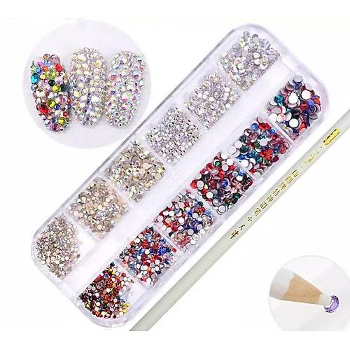 Parlak Trnak Ssleme Ta Mix 12'li set + Ta Tutucu Kalem Nail Art