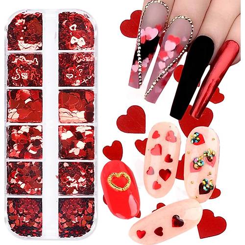 Krmz Trnak Ssleme Folyo Pullar Kalp Dizayn Nail Art