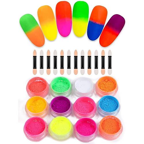 Nail Art Floresan Trnak Toz Pigment 12li Set Neon Aplikatrl