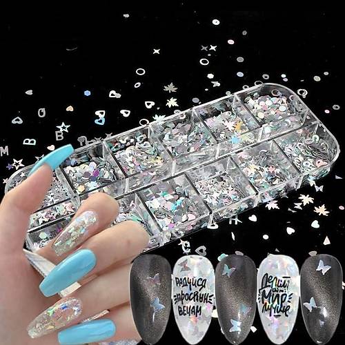 Holografik Gm Trnak Ssleme Folyo Pullar Kark Dizayn Kelebek Kalp Harfler Yldzlar Nail Art