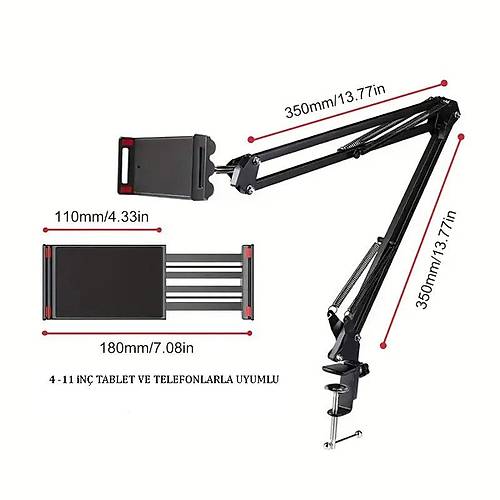 Akrobat Hareketli Uzun Kol Telefon pad Tablet Tutucu Katlanr Stand Mengeneli 4 11in