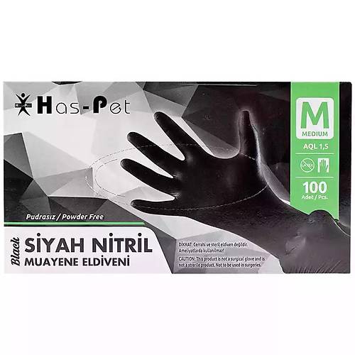 Pudras�z Siyah Nitril Eldiven Medium HasPet 100l�