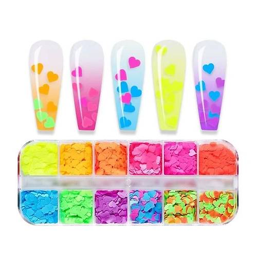 Neon Renkli Kalpler Trnak Ssleme Folyo Pullar Mix Nail Art