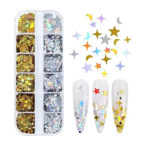 Holografik Gold Gm Ay ve Yldzlar Trnak Ssleme Folyo Pullar Mix Nail Art