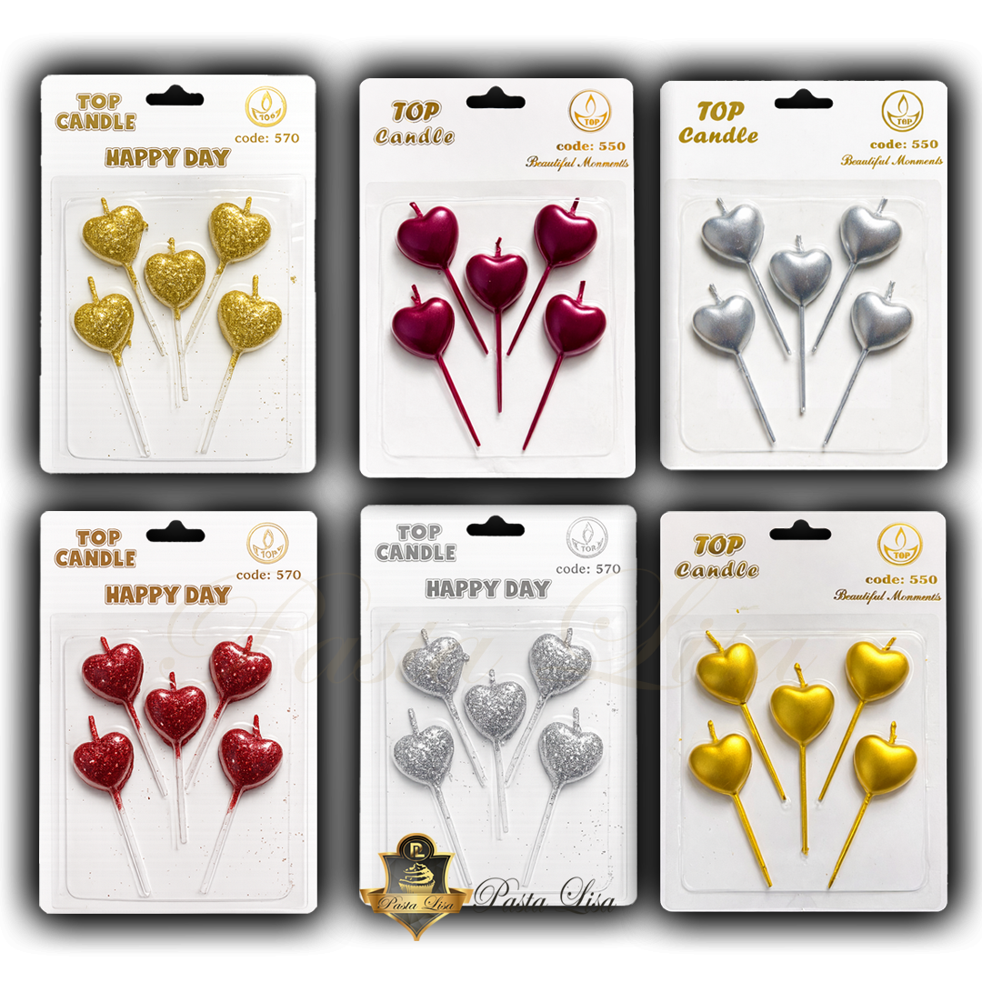 Kalp Şekilli Çubuk Pasta Mumu 5li Set  Gold / Silver / Bordo / Kırmızı
