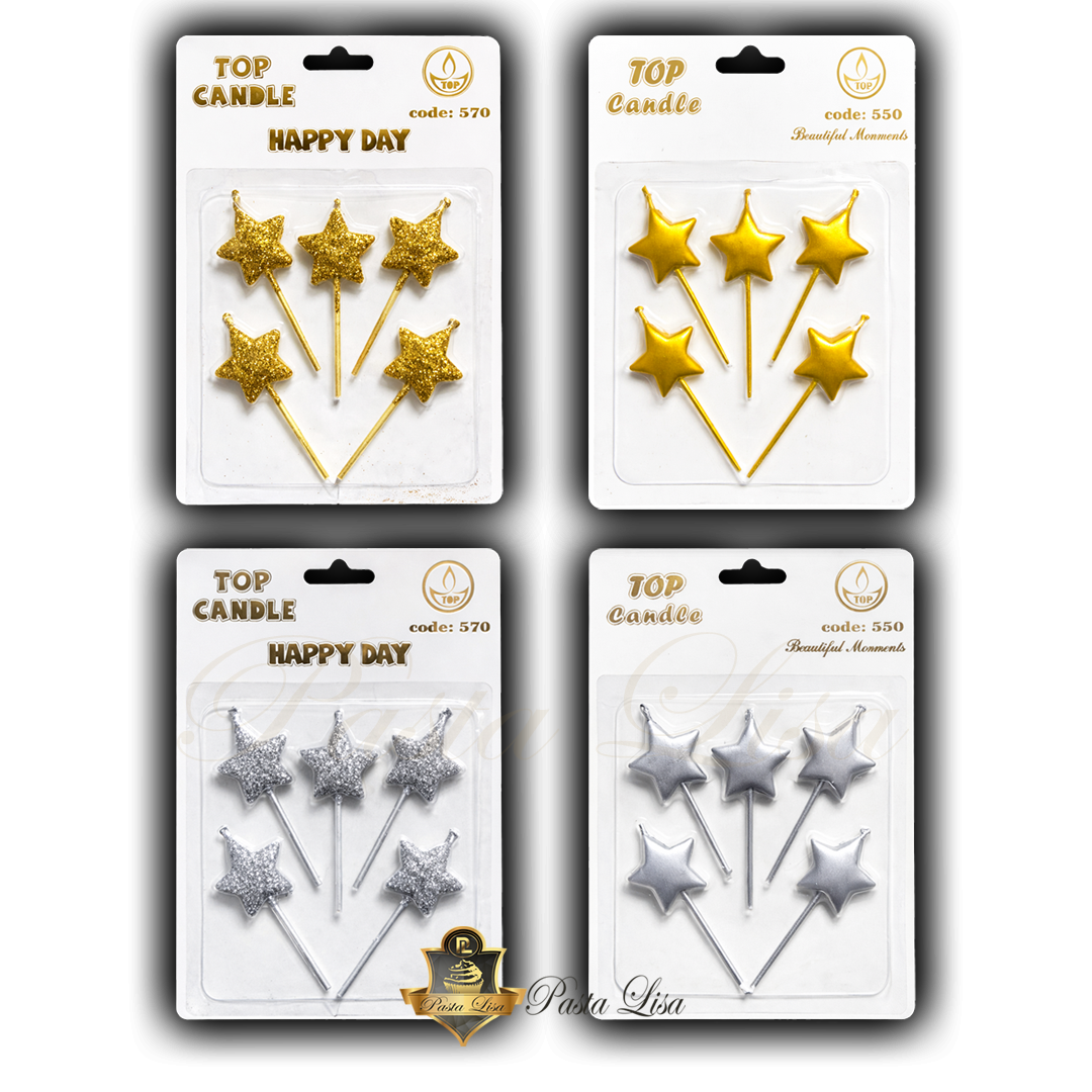 Yıldız Şekilli Pasta Mumu 5li Set  Gold & Silver Simli