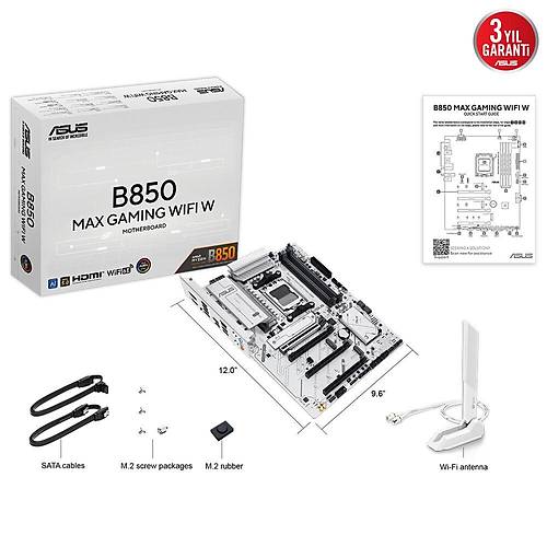 ASUS B850 MAX GAMING WIFI W AMD B850 AM5 DDR5 8000 DP HDMI 3x M2 USB3.2 WiFi 6E + BT AURA RGB 2.5Gbit LAN ATX 256GB?a kadar ram destei, 8+2+1 G Aamalar, 1xGen5 M.2, Advanced AI PC-Ready