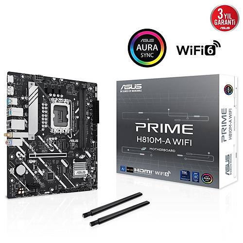 ASUS PRIME H810MA WIFI INTEL H810 LGA1851 DDR5 6400 DP HDMI CIFT M2 USB3 2 AX WIFI BT AURA RGB MATX 6+1+1+1 GUC ASAMALARI ASUS 5X PROTECTION III READY FOR ADVANCED AI PC