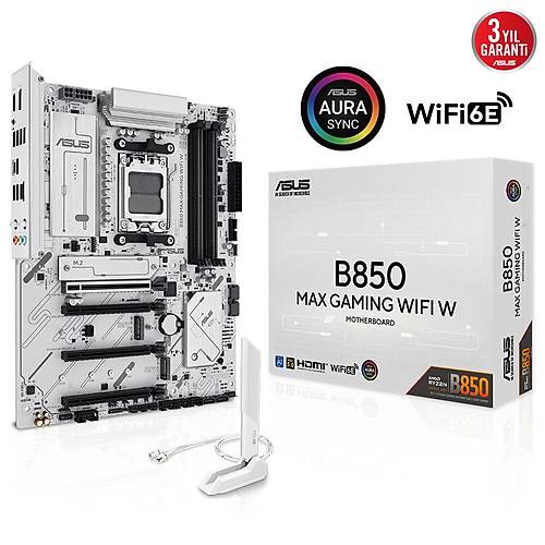 ASUS B850 MAX GAMING WIFI W AMD B850 AM5 DDR5 8000 DP HDMI 3x M2 USB3.2 WiFi 6E + BT AURA RGB 2.5Gbit LAN ATX 256GB?a kadar ram destei, 8+2+1 G Aamalar, 1xGen5 M.2, Advanced AI PC-Ready