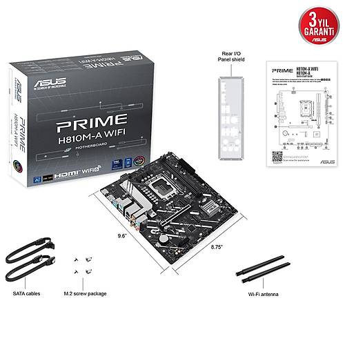 ASUS PRIME H810MA WIFI INTEL H810 LGA1851 DDR5 6400 DP HDMI CIFT M2 USB3 2 AX WIFI BT AURA RGB MATX 6+1+1+1 GUC ASAMALARI ASUS 5X PROTECTION III READY FOR ADVANCED AI PC