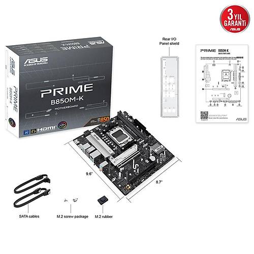 ASUS PRIME B850M-K AMD B850 AM5 DDR5 8200 DP HDMI ift M2 USB3.2 AURA RGB 2.5Gbit LAN mATX 8+2+1 G Aamalar, 1xGen5 M.2, Advanced AI PC-Ready