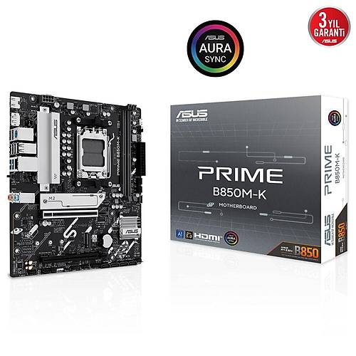 ASUS PRIME B850M-K AMD B850 AM5 DDR5 8200 DP HDMI ift M2 USB3.2 AURA RGB 2.5Gbit LAN mATX 8+2+1 G Aamalar, 1xGen5 M.2, Advanced AI PC-Ready