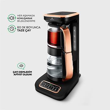 Karaca Çaysever Robotea Pro 4 in 1 Konuşan Otomatik Cam Çay Makinesi Su Isıtıcı ve Filtre Kahve Demleme Makinesi 2500W Black Copper