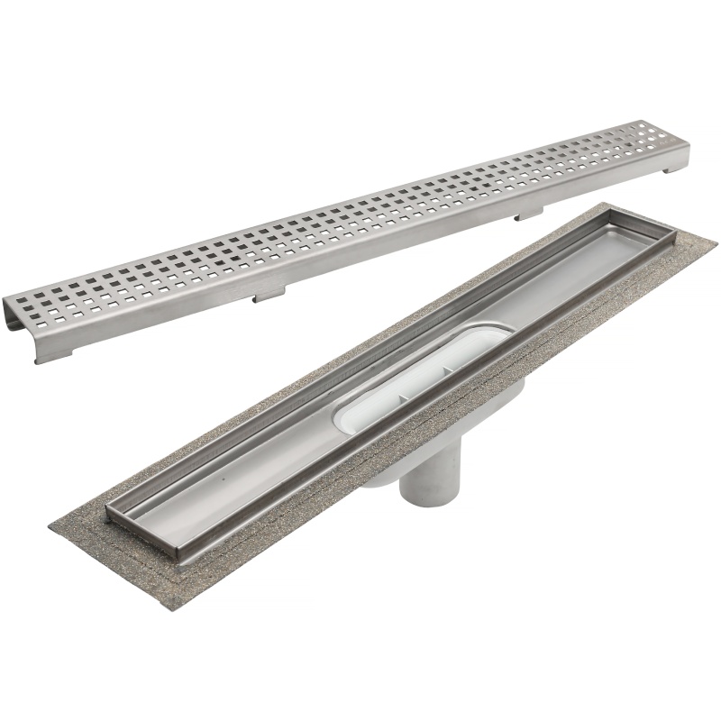 ACO Lineer Duş Kanalı L=788 mm Sabit Çerçeveli Kanal Gövdesi, Dikey Çıkış DN50 Süzgeç Seti Quadrato