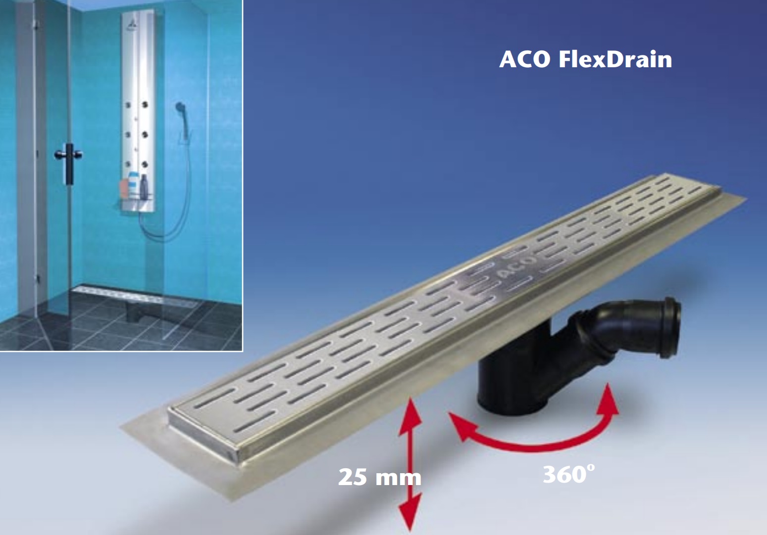 ACO FLEXDRAİN DUŞ KANALI VE LİNEA IZGARA, 48,5cm DN 75 DİKEY