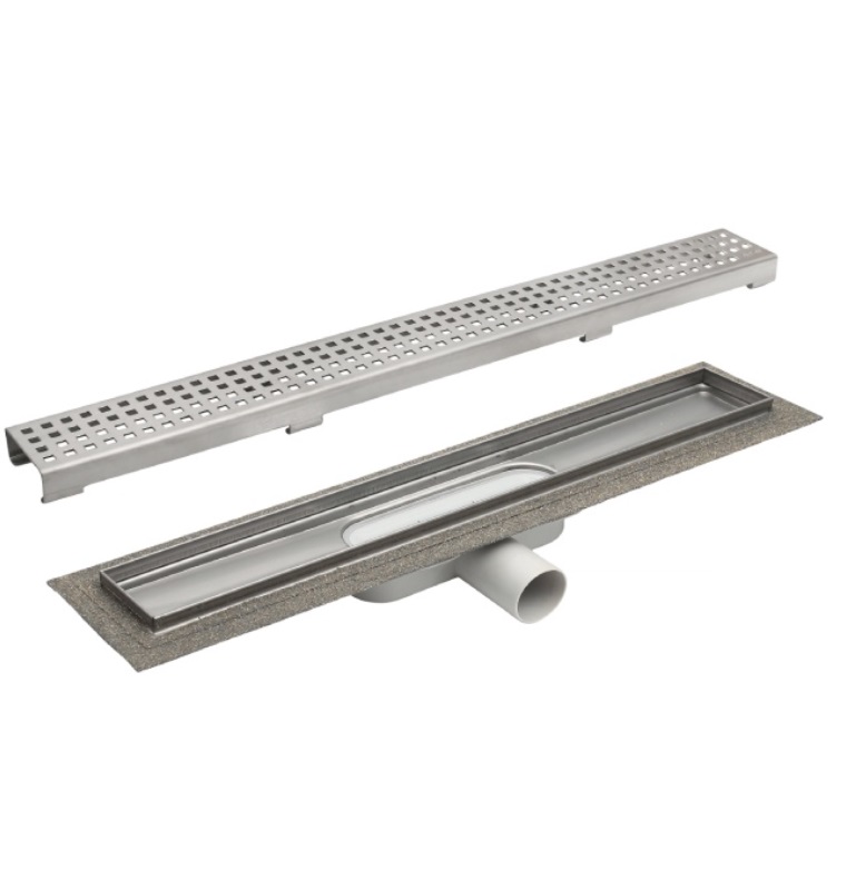 ACO Lineer Duş Kanalı L=788 mm Sabit Çerçeveli Kanal Gövdesi, Yatay Çıkış DN50 Süzgeç Seti Quadrato
