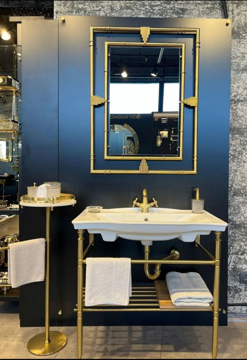 Aksy Pirinç Welma Lavabo Ünitesi Fırçalı Gold Pirinç Ayaklı 85x50x82 + Ayna 100x75