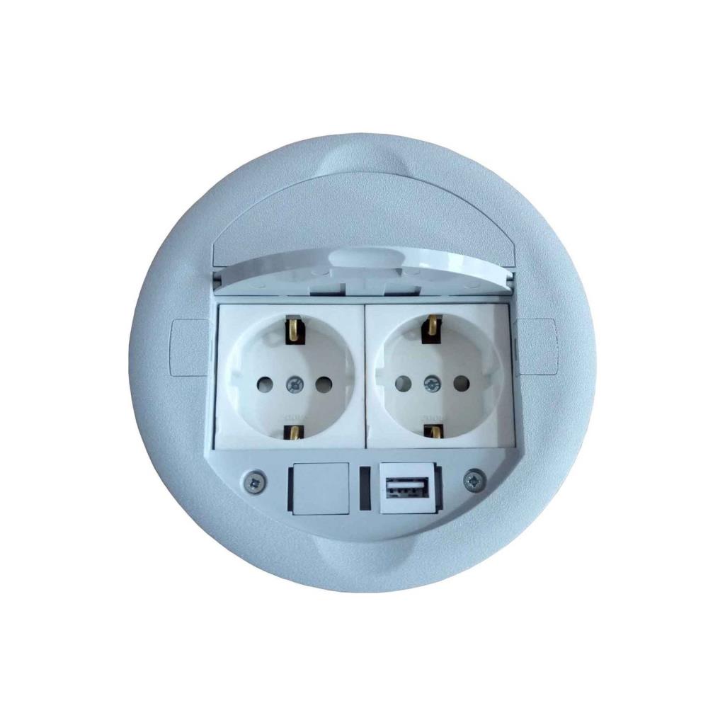 Masa Üstü Priz Kutusu Gömme Tip Gri + 2 Ad. Priz+1 Ad. USB Geçiş