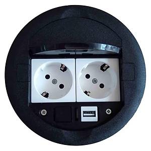 Masa �st� Priz Kutusu G�mme Tip Siyah + 2 Ad. Priz + 1 Ad. USB Ge�i�